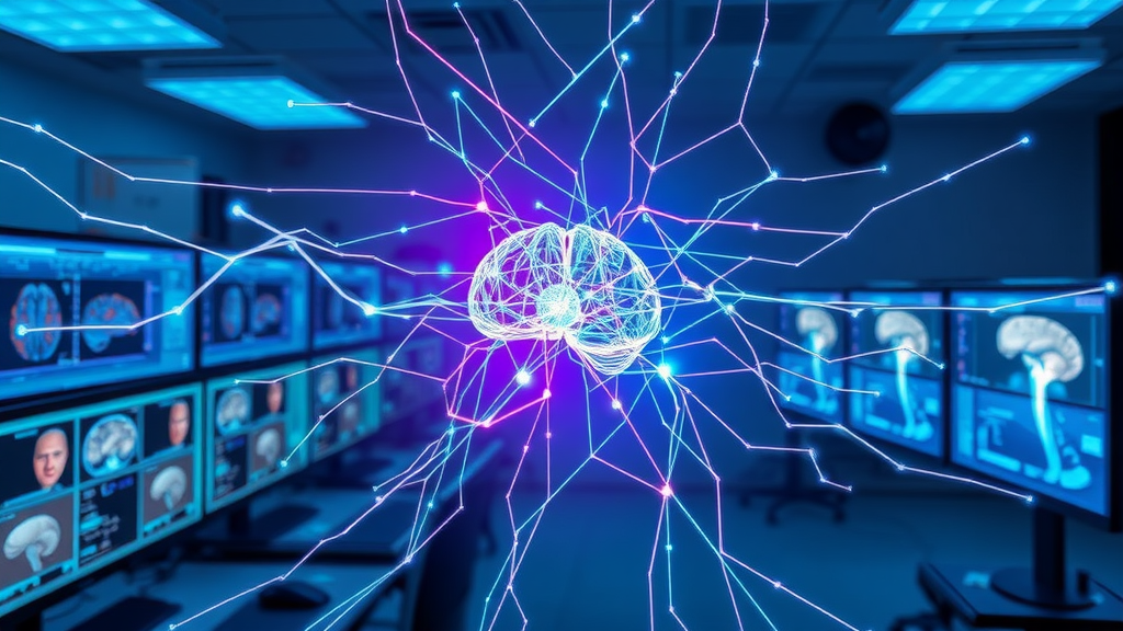 Complex neural network visualized as 3D glowing matrix overlaid on medical images. Machine learning and deep learning advances for AI in medical image processing.