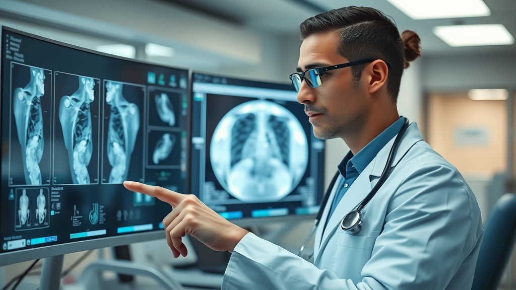 Insightful healthcare professional analyzing a digital radiology scan with an AI overlay in a modern hospital; artificial intelligence in medical imaging