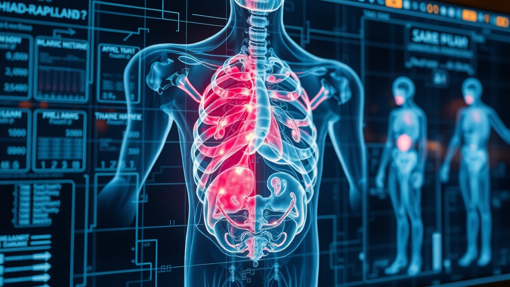 Cutting-edge AI analyzing a cross-sectional medical image with digital segmentation overlays; image segmentation in artificial intelligence in medical imaging