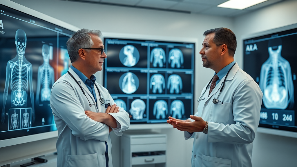 Radiologists discussing results with AI-generated images in a high-tech hospital environment; integration of artificial intelligence in medical imaging