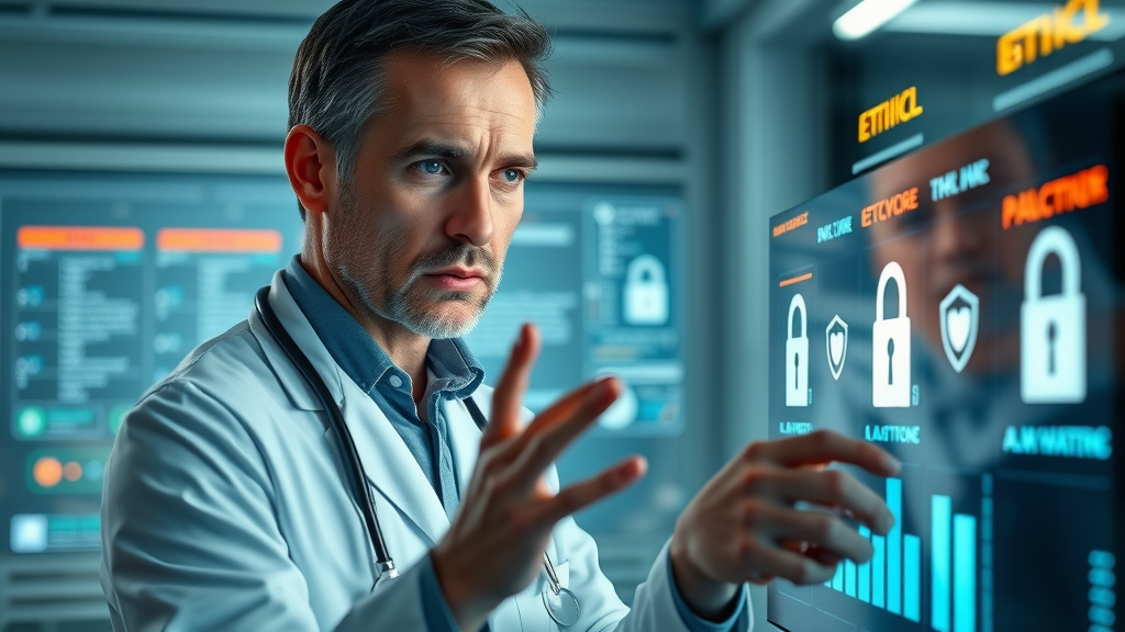 Clinician reviewing secure data terminal for ethical concerns in AI-assisted medical imaging; data security and artificial intelligence in medical imaging