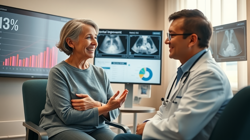 Patient and doctor discuss digital breast cancer screening images and improvement metrics; breast cancer early detection with artificial intelligence in medical imaging