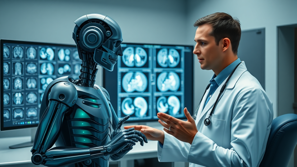 AI algorithm comparing diagnostic images with a radiologist at a digital workstation; artificial intelligence in radiology