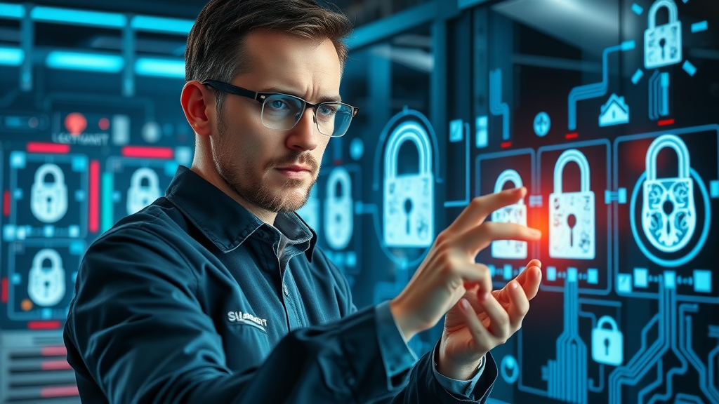 Data protection specialist securing AI-driven medical imaging systems with encryption and digital padlocks; artificial intelligence in medical imaging