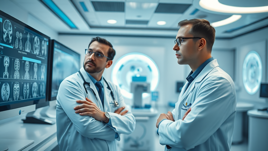 Futuristic radiology lab with physicians consulting advanced AI radiology applications on high-resolution medical imaging screens