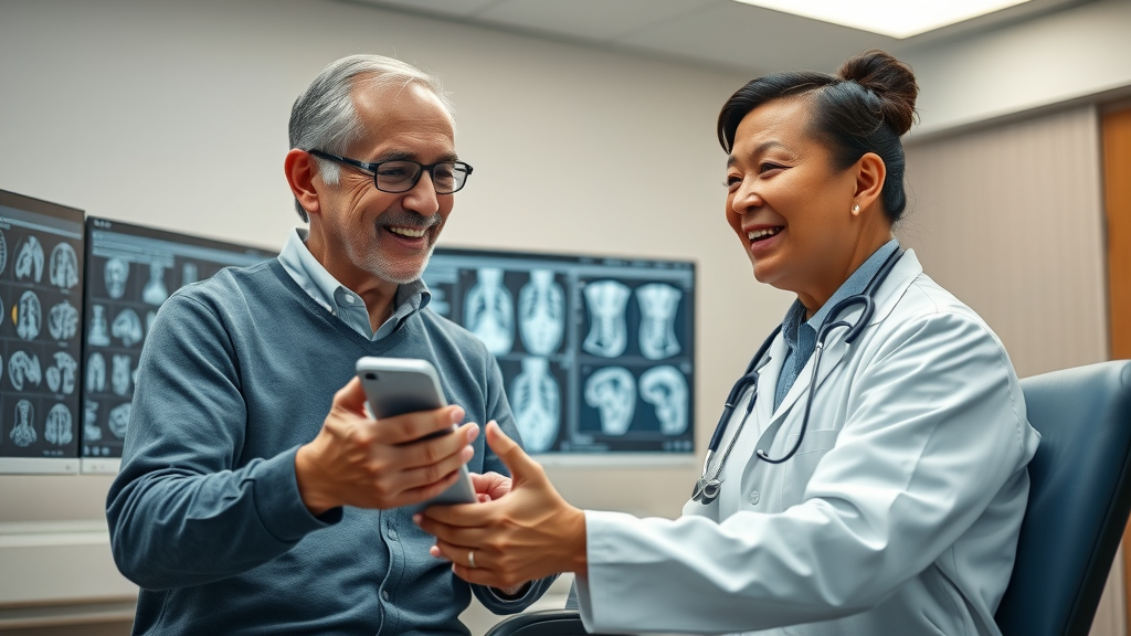 Caring radiologist using AI radiology application to review digital scans with patient, improving patient care