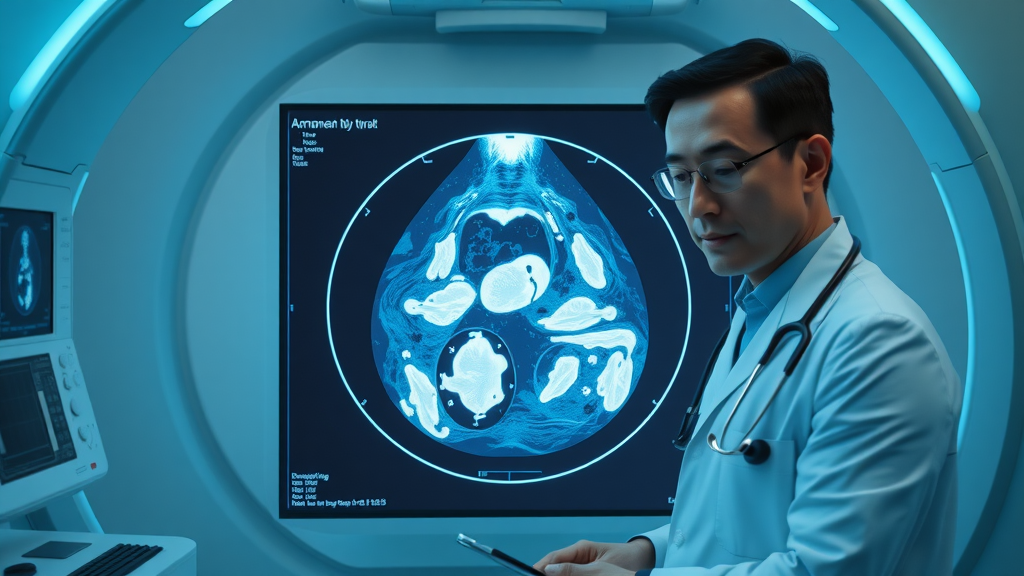 AI-enhanced mammogram highlighting breast cancer tumor, radiologist using medical imaging AI application