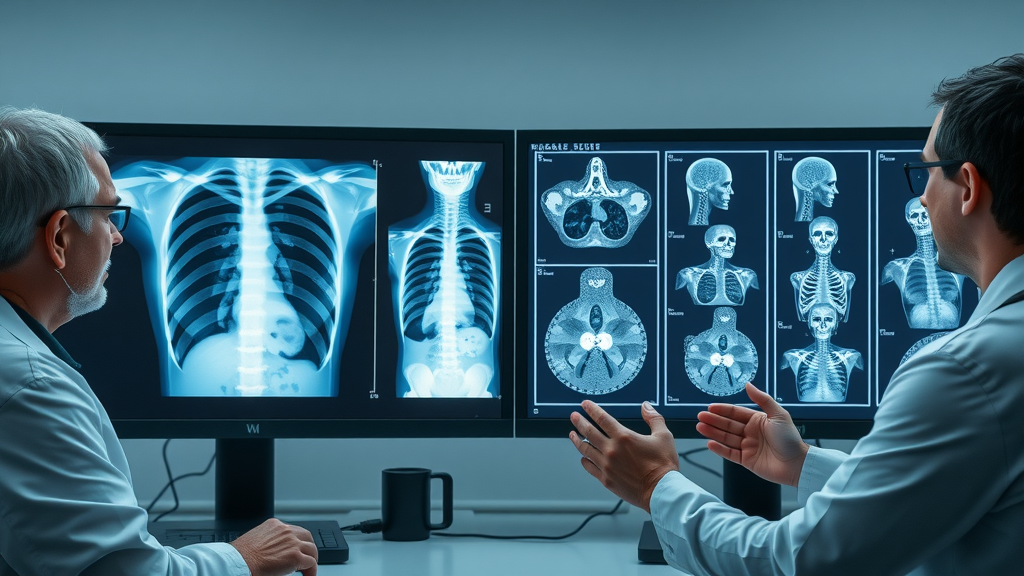 Split-screen comparison of conventional radiology and AI radiology application results for cancer detection, highlighting diagnostic differences
