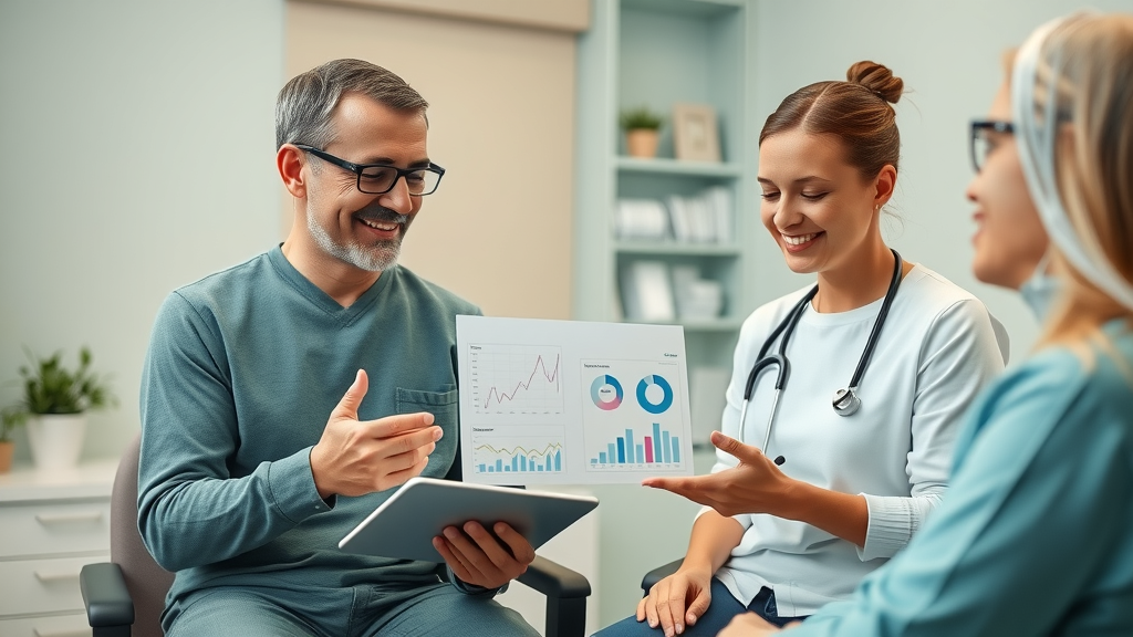 Patient interacting with healthcare worker reviewing patient outcomes from AI radiology application using medical imaging tablet