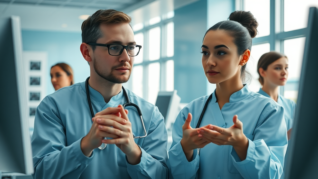 Radiology trainees using AI radiology application interfaces, focusing on medical imaging training and model performance