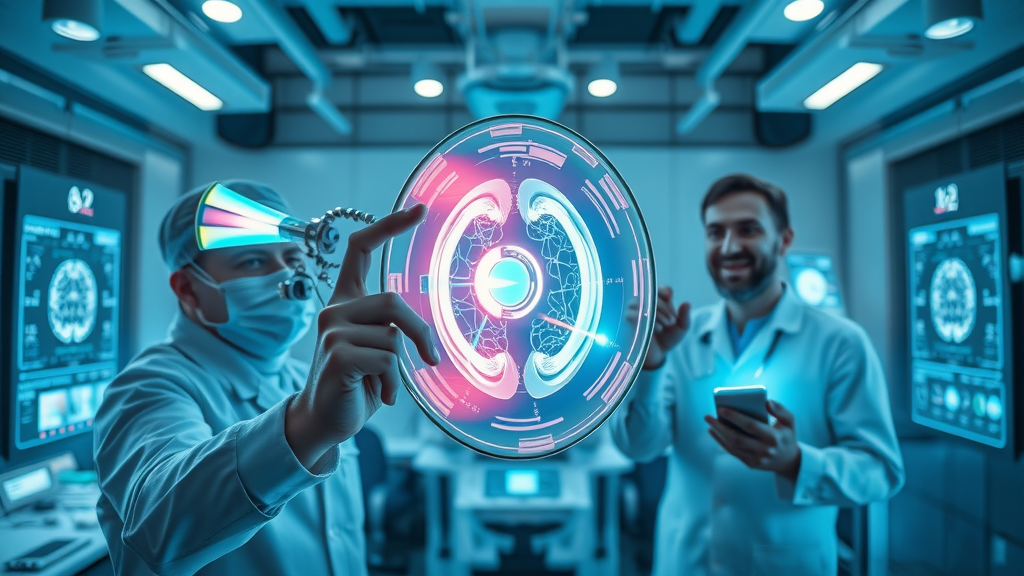 Emerging AI radiology technology with glowing devices and researchers, visualizing future applications for medical imaging
