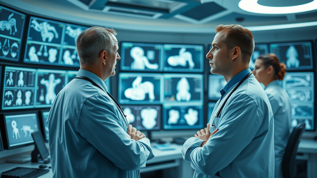 futuristic hospital control room machine learning for medical image analysis digital monitors