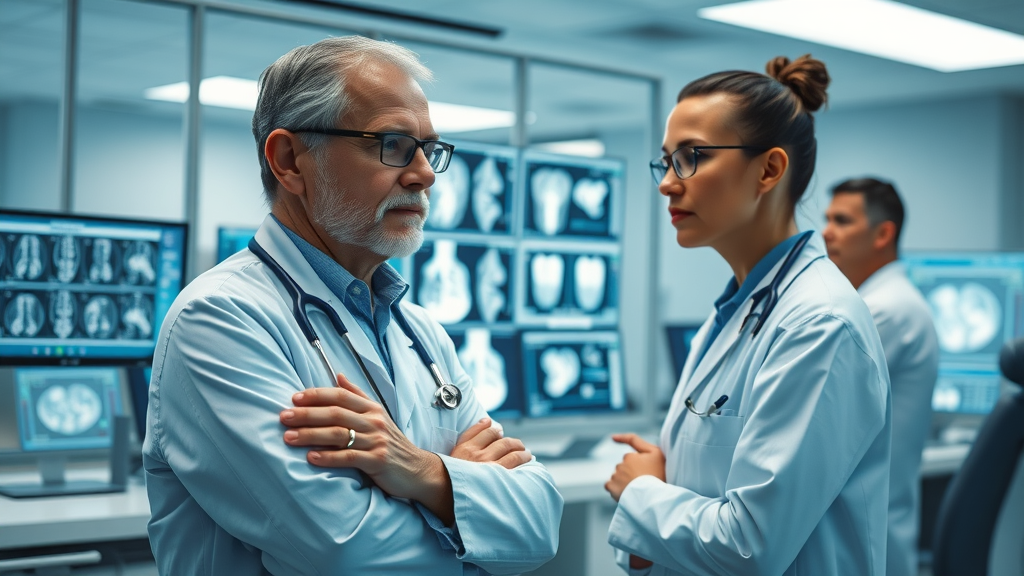 Medical imaging lab with clinicians using computer-aided diagnosis, screens displaying diagnostic medical images