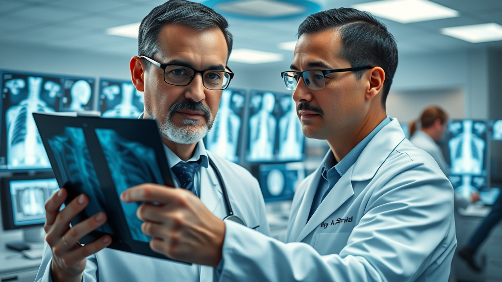 Radiologists analyzing chest x-rays with computer-aided diagnosis, highlighting areas of interest with digital overlays