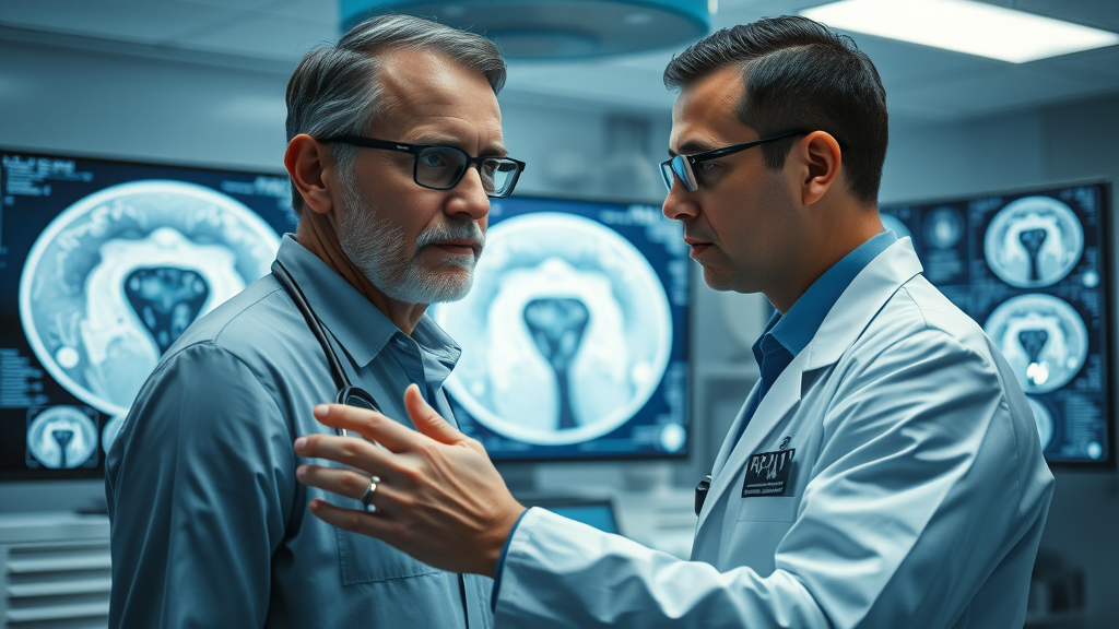 Radiologist analyzing digital MRI scans with deep learning in healthcare imaging technology, modern hospital