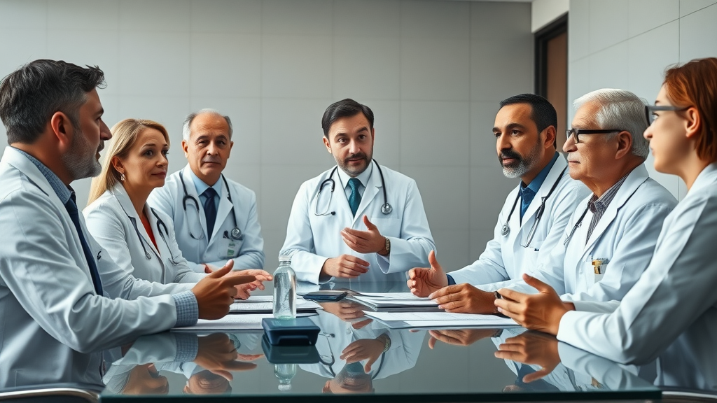 Medical team and data scientists debating ethics and pitfalls of deep learning in healthcare imaging, hospital boardroom