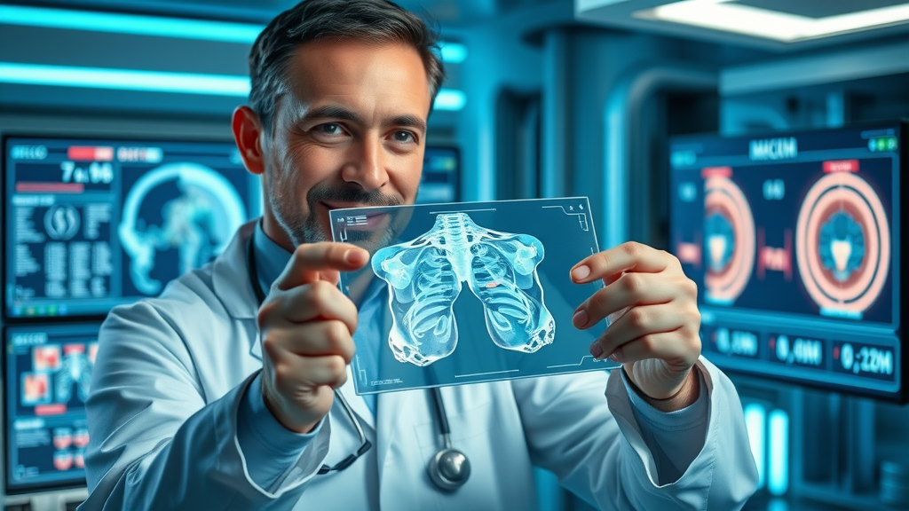 Medical researcher celebrates annotated digital scan using deep learning in healthcare imaging, futuristic clinical set