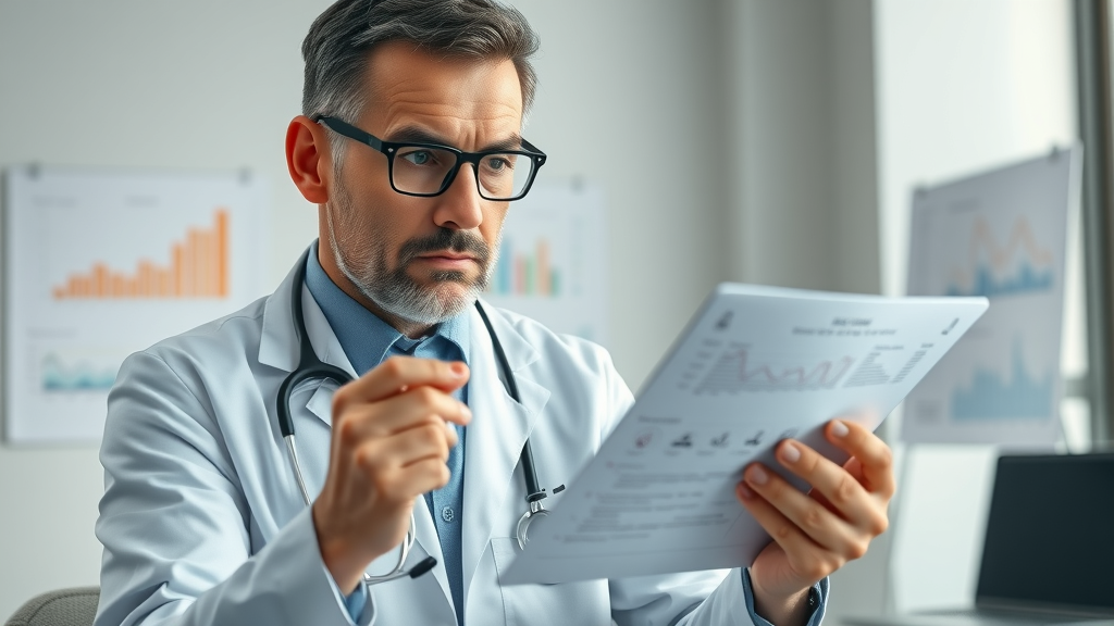 Skeptical doctor reviewing an AI diagnostic report in healthcare imaging, thoughtful expression