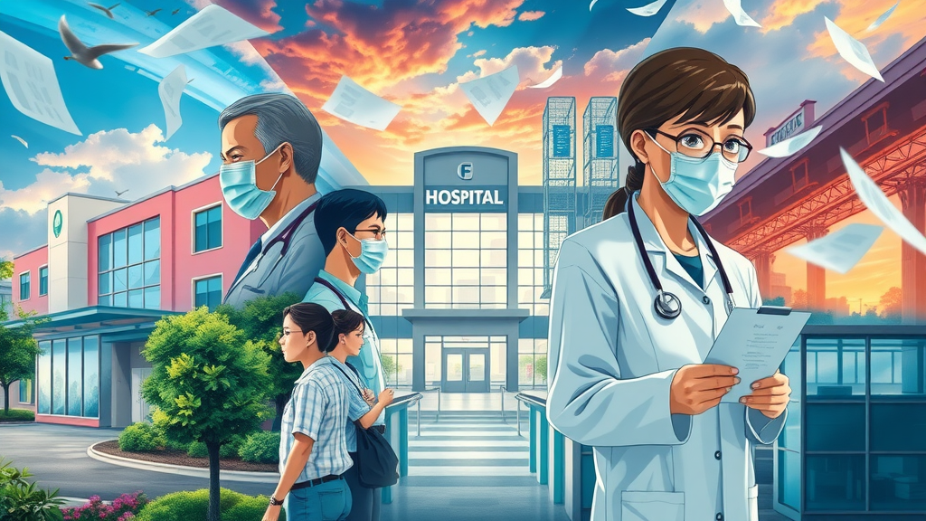 Collage of diverse hospital environments—rural, urban, and research centers—representing different data ecosystems in healthcare imaging