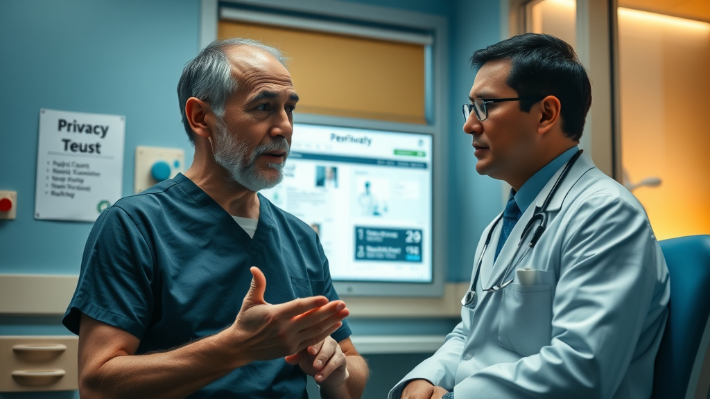 Concerned patient in a privacy-focused consultation discussing deep learning in healthcare imaging with doctor