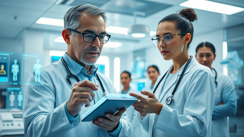 Futuristic AI-powered medical lab with healthcare professionals examining holographic diagnostic screens, showcasing advanced patient care and AI-powered diagnostic tools in a cinematic, high-tech environment.
