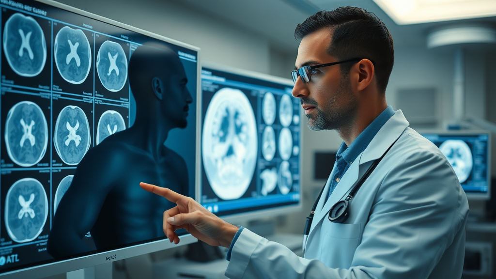 Radiologist analyzing AI overlays on CT scans, illustrating medical imaging transformation by AI-powered diagnostic tools for more accurate and efficient patient care.