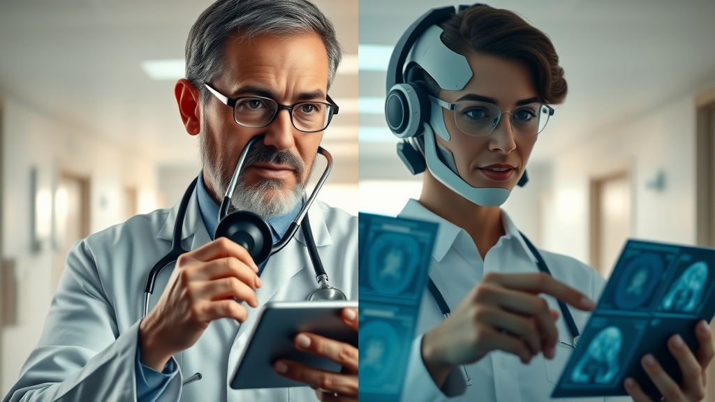 Comparison between a doctor using traditional diagnostic methods and an AI system reviewing digital scans, highlighting the evolution of patient care and diagnostic technologies.