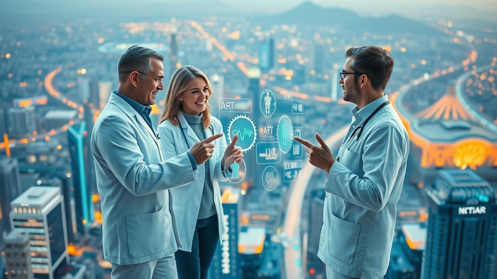 Healthcare leaders and AI engineers brainstorming atop a futuristic cityscape, discussing future AI-powered diagnostic tools and their impact on transforming health outcomes and patient care.