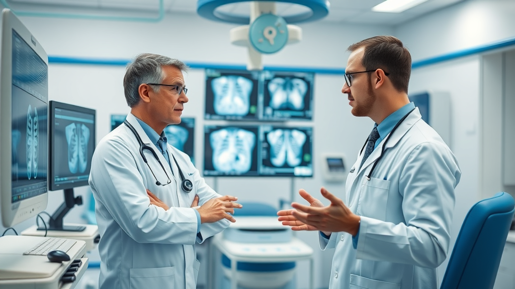 medical image segmentation AI in a radiology laboratory, medical professionals analyzing digital images