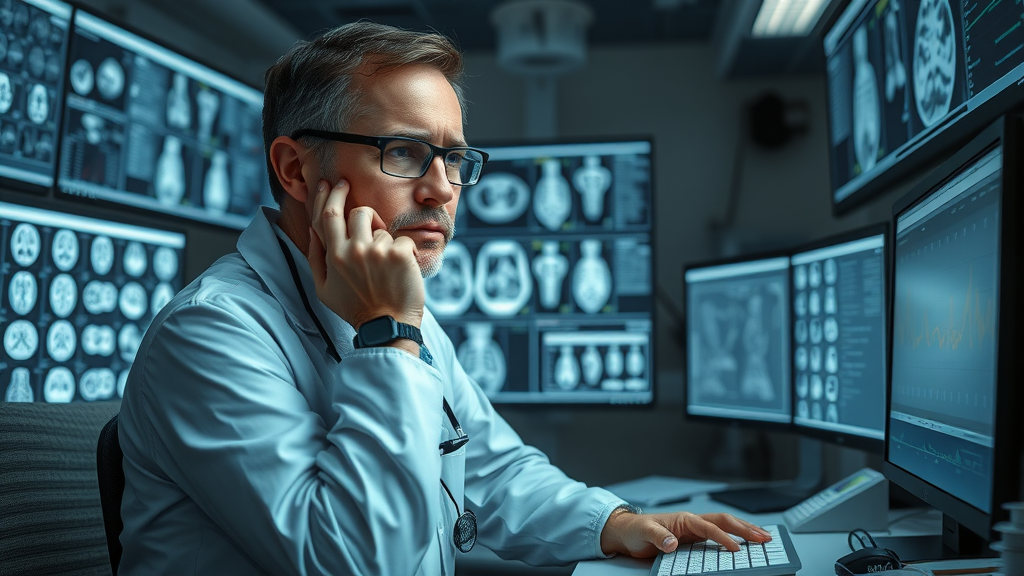 frustrated medical data scientist reviewing segmentation results in a high-tech workspace