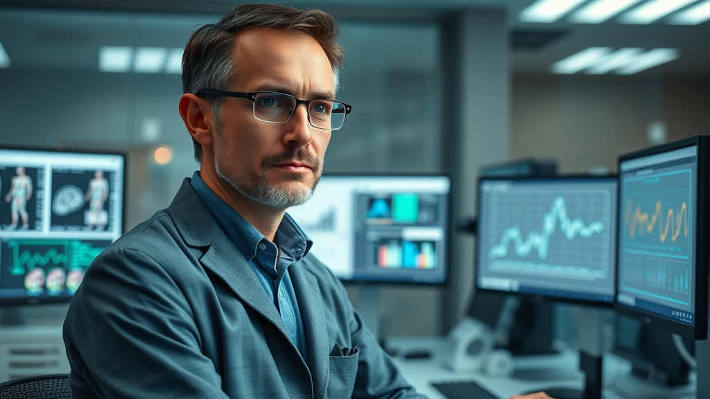 AI researcher balancing optimism and skepticism, reviewing medical images and graphs