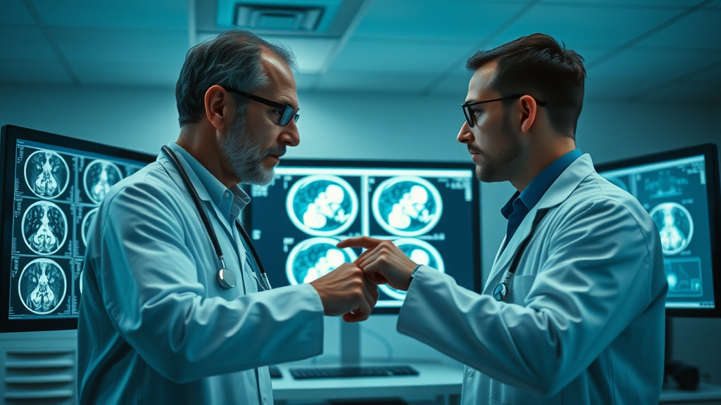 radiologist and AI engineer co-reviewing annotated medical images for segmentation accuracy