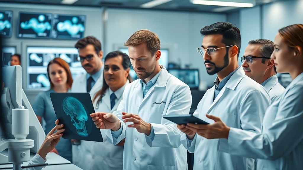 automated image interpretation used in modern laboratory setting, professionals engaging with digital imaging screens and analysis tools