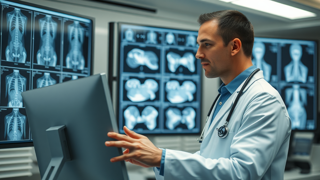 doctor and AI system reviewing radiological scans for medical image analysis and automated image interpretation
