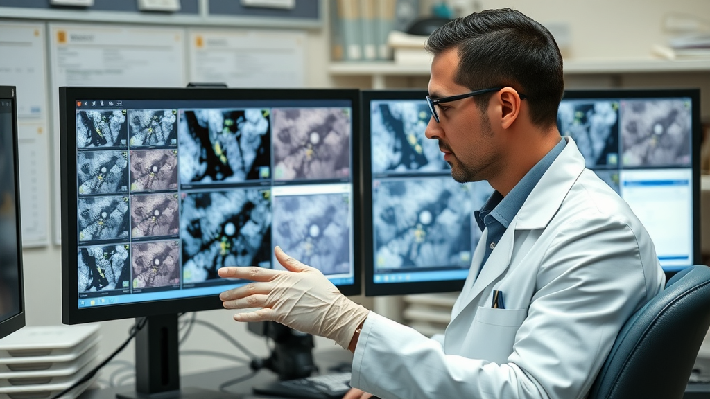 scientist comparing manual and automated image analysis results using annotated datasets for quality control