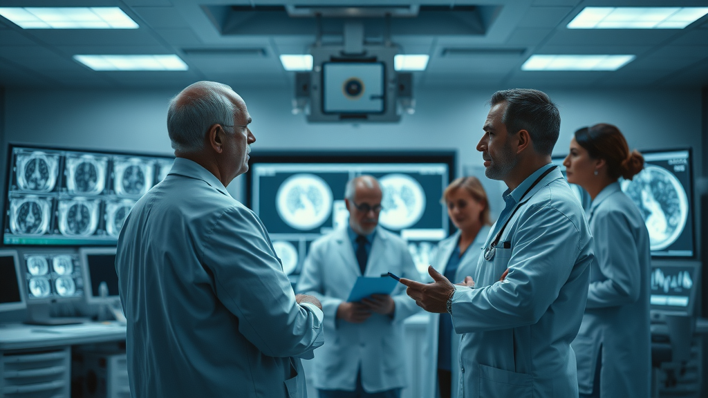 AI in medical image processing: concerned doctors and IT specialists reviewing AI results in a modern hospital radiology department, with advanced imaging machines in the background