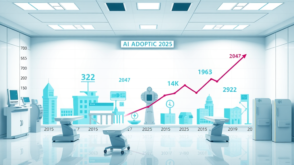 Infographic showing AI adoption rates in healthcare, with overlays of hospitals and radiology equipment for AI in medical image processing