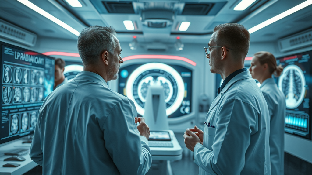 Advanced AI interface analyzing medical scans in a futuristic radiology lab, symbolizing rapid change in AI in medical image processing