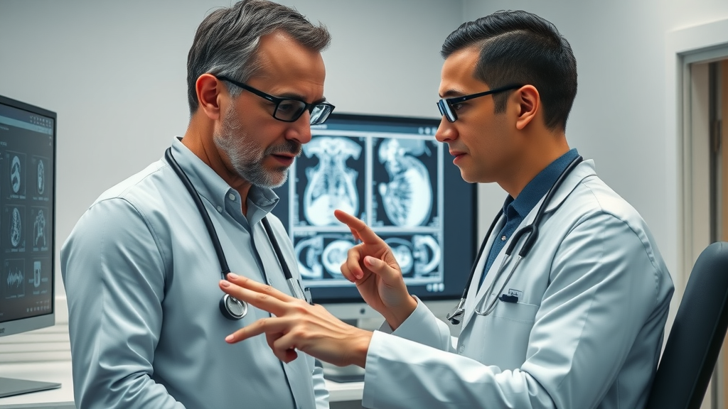 Radiologist collaborating with an AI-powered computer to analyze a medical scan for AI in medical image processing