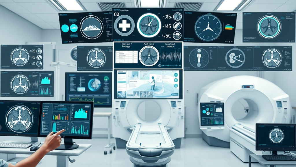Collage of leading AI medical imaging tools, software dashboards, and MRI equipment for AI in medical image processing