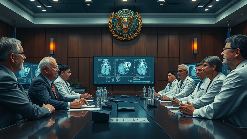 Healthcare officials and medical professionals discussing AI policy and regulation for medical image processing