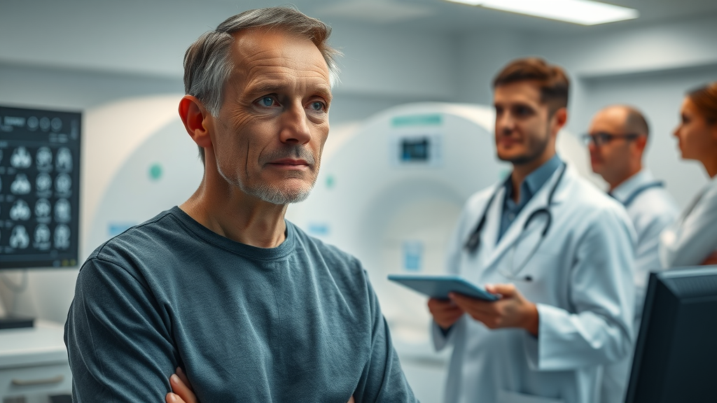 Concerned patient and doctors reviewing AI analysis on medical imaging results, highlighting the importance of improved, unbiased AI system outcomes.