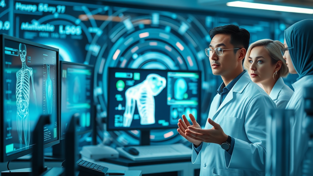 Imaginative AI system generating synthetic medical images for training with amazed researchers observing in a futuristic lab