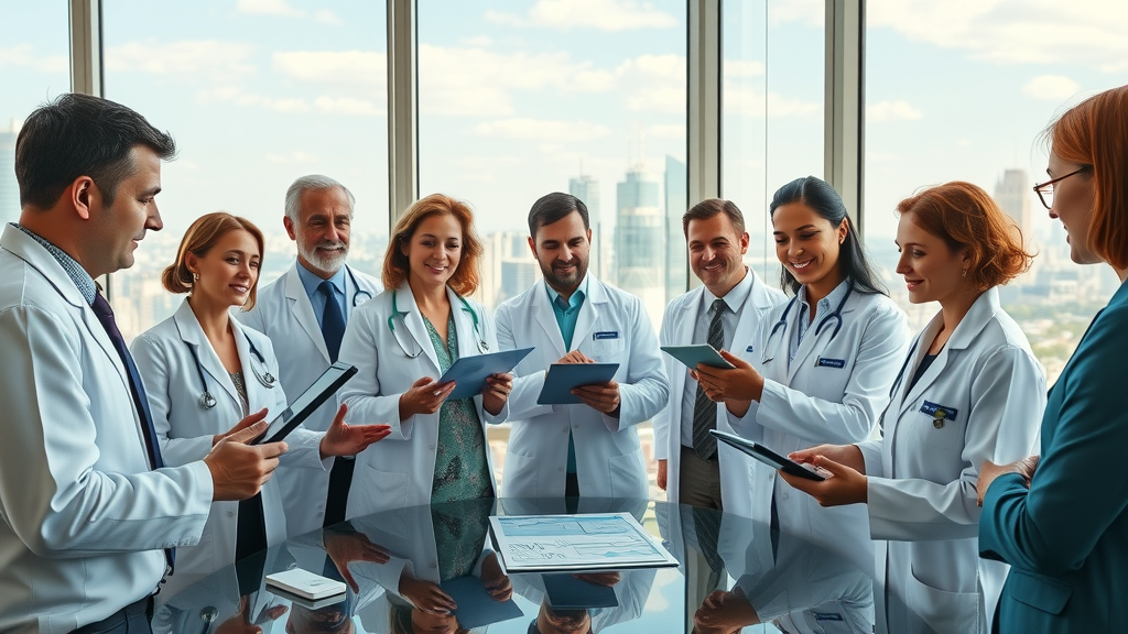 Visionary group of healthcare professionals, AI engineers, and regulators brainstorming solutions for bias, explainability, and regulation in AI in medical imaging.